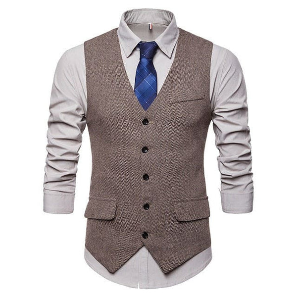Herringbone Slim Fit Sleeveless Tweed Men Vest - Khaki / EU 