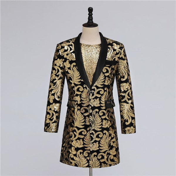 Luxury Golden Floral Embroidery Men Long Blazer - Asian Size